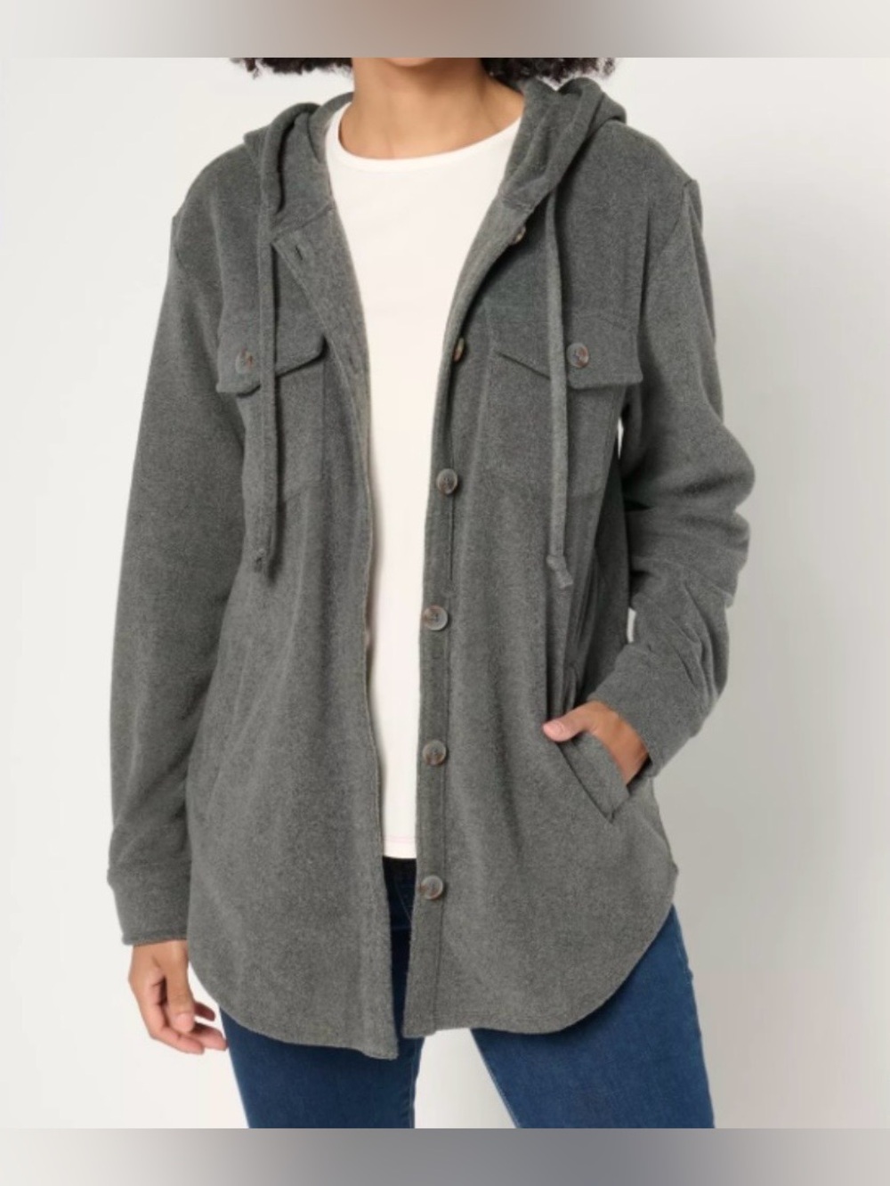 New Belle by Kim Gravel Gray Hooded Fleece Button Front Jacket /  Small